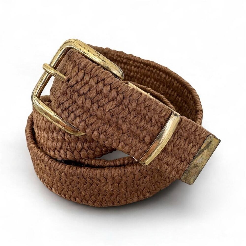 VTG Gutos Braided Rope Stretch Belt Brown West Germany Gold Buckle Woven S/M